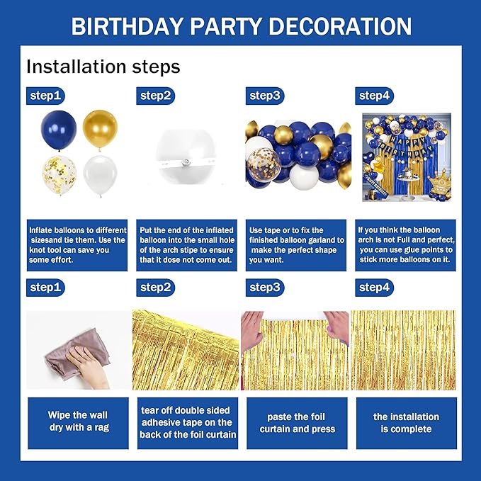 Blue And Gold Birthday Decorations for Men,Fringe Curtains Happy Birthday Banner,Red balloons,Cake Toppers for Boys