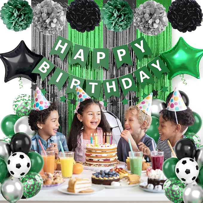 Soccer Party Decorations,Soccer Sports Theme Birthday Decorations,Include Green Black Party Balloons Happy Birthday Banner Fringe Curtain Tissue Paper Pompoms Garland