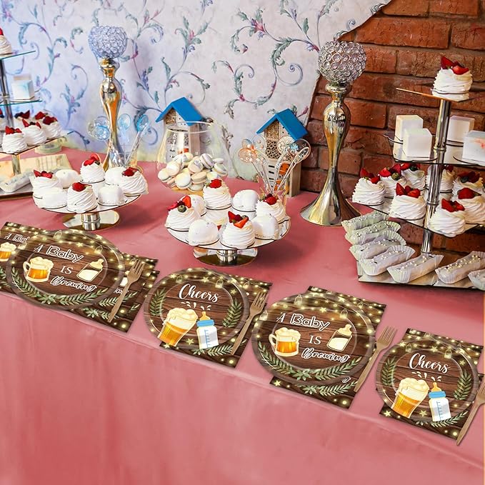 50 Guests A Baby is Brewing Baby Shower Plates and Napkins Party Supplies Baby is Brewing Party Decorations Disposable Tableware Set Brew Dinnerware Favors Decorations for Kids Boys Girls, 200PCS
