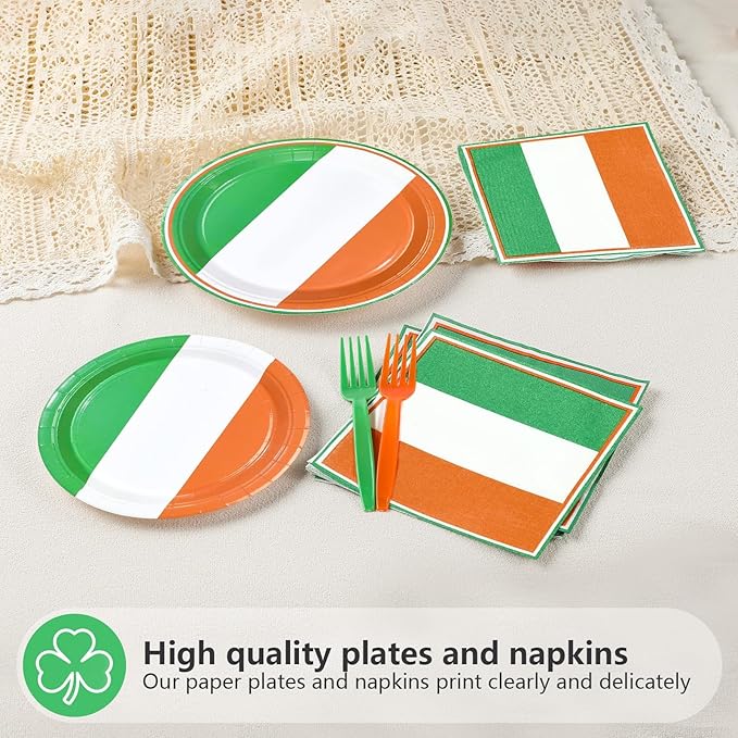 96Pcs St. Patrick's Day Party Supplies Disposable Irish Flag Paper Plates and Napkins Irish Themed Tableware Set for Country Decoration St Patricks Day Brithday Supplies, Serves 24
