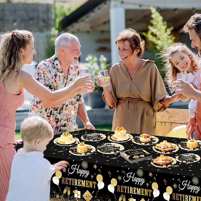 Zhehao 101 Pcs Retirement Party Tableware Set Black and Gold Happy Retirement Party Supplies Includes 50 Paper Plates, 50 Napkins and 1 Tablecloth for Men Women Say Goodbye