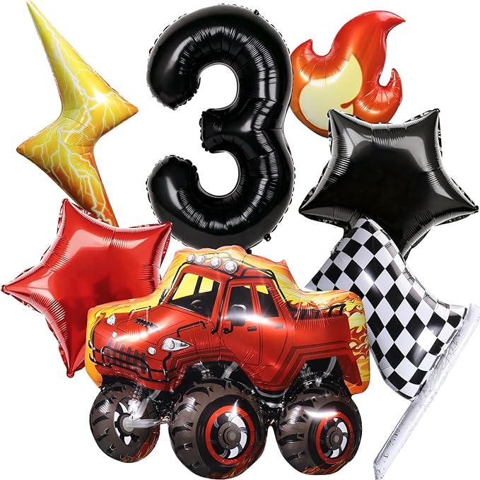 Truck Number 3 Balloons, Huge Truck Flags Lightning Flame Stars Aluminum Foil Balloons for 3rd Birthday, Race Car Theme Party Decorations Supplies