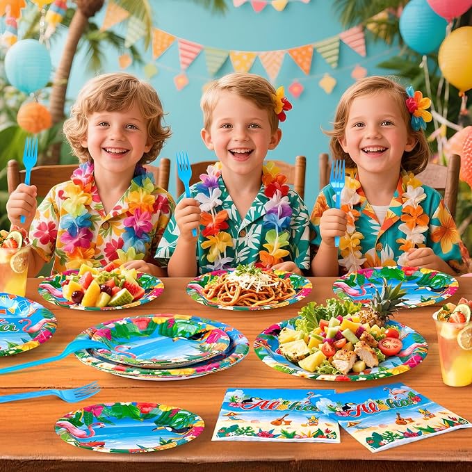 96Pcs Luau Aloha Party Decorations, Hawaiian Birthday Party Supplies Bundle Luau Plates and Napkins, Summer Tropical Birthday Party Decorations Serves 24