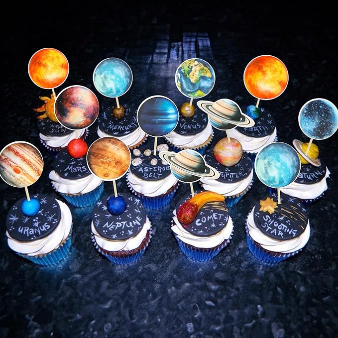 Ephlyn 36Pcs Outer Space Cupcake Toppers Planet Rocket Spaceship Trip to the Moon Star Cupcake Picks Solar System Galaxy Universe Planets Birthday Cupcake Decorations Party Supplies