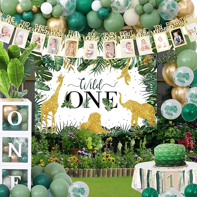 Wild One Jungle Theme Birthday Decorations Kit for Boys, Palm Leaf Balloon Garland, Boxes, Party Supplies