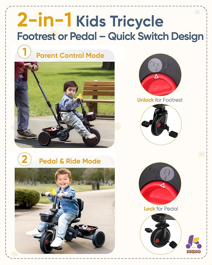 KRIDDO 2-in-1 Tricycle for Toddlers 1.5-5 Years, Push Tricycle with Parent Steering & Detachable Handle, 9-Stage Adjustable Handlebar, Toddler Trike with Safety Belt, Clutch Pedals & Dual Basket, Grey