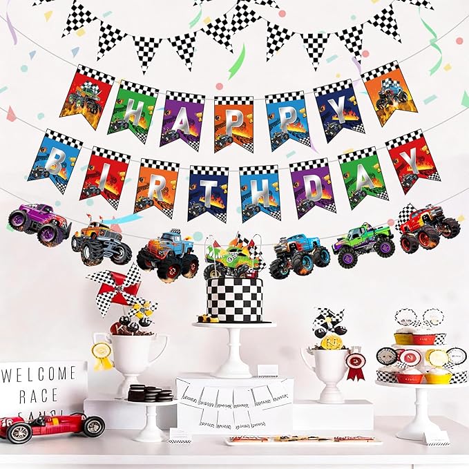 Pasimy 4 Pcs Truck Birthday Banner Cars Monster Truck Themed Garland Black and White Checkered Flags Pennants Green Purple Happy Birthday Bunting Racing Car Theme Party Decorations Supplies