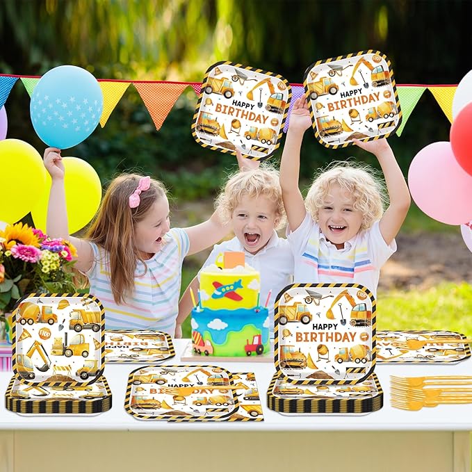 gisgfim Construction Birthday Party Supplies Construction Theme Decorations Square Truck Constructions Disposable Plates Napkins Tableware Set for Boys Kids Birthday Party Favors Serves 24 Guests