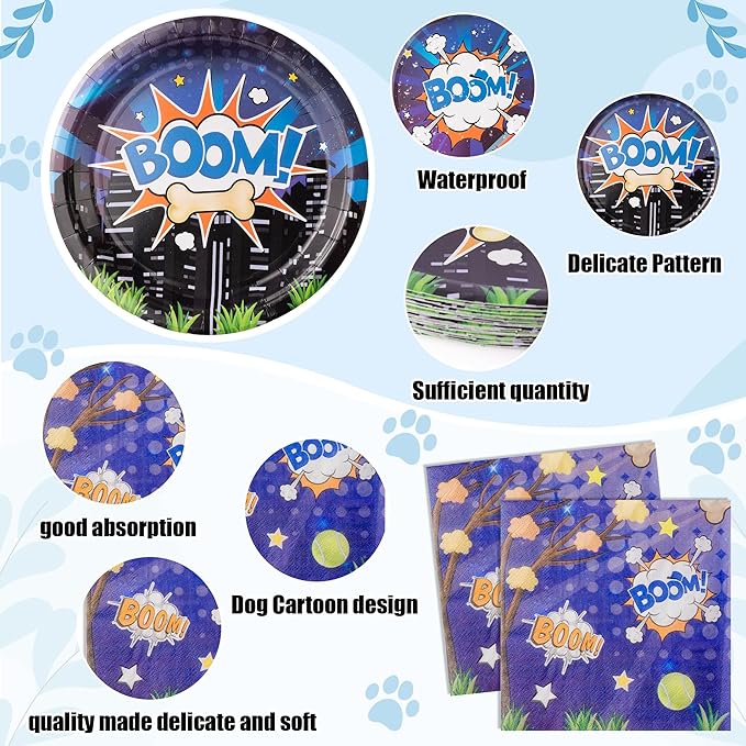 Cartoon Dog Birthday Party Supplies - 96PCS Cartoon Dog Birthday Party Plates and Napkins Forks Disposable Tableware Set Birthday Parties Table Dinnerware Baby Shower Plates Serve 24 Guests