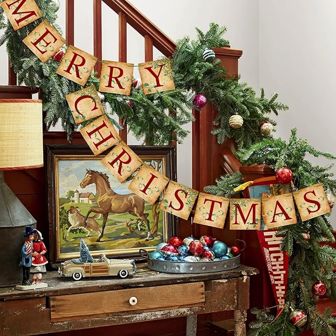 Merry Christmas Banner Vintage Christmas Garlands Decorations for Indoor Home Office Wall Window Door Fireplace Mantle Xmas Tree Decorations