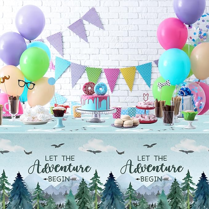 3 Pieces Adventure Awaits Tablecloths Let The Adventure Begin Tablecover Tree Mountains Woodland Table Covers Plastic Disposable Rectangle Tablecloth for Baby Shower Birthday Party Decor Supplies