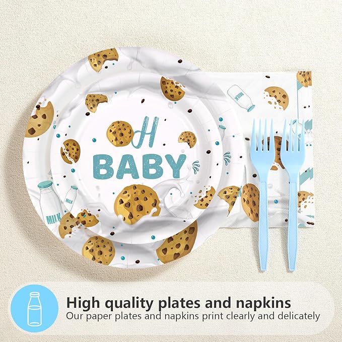 96Pcs Milk and Cookies Baby Shower Decorations A Sweet Little Cookie Is on The Way Plates and Napkins Sets Milk Cookie 1st Birthday Party Decorations for Biscuit Breakfast Party Supplies Serves 24