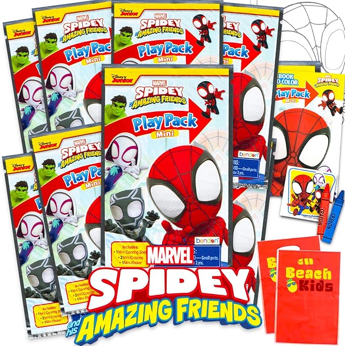 Marvel 8 Pc Spidey and His Amazing Friends Mini Party Favors Set - Bundle 8 Play Packs with Mini Coloring Books, Stickers, and Goodie Bags | Spidey Birthday Party Supplies Decorations