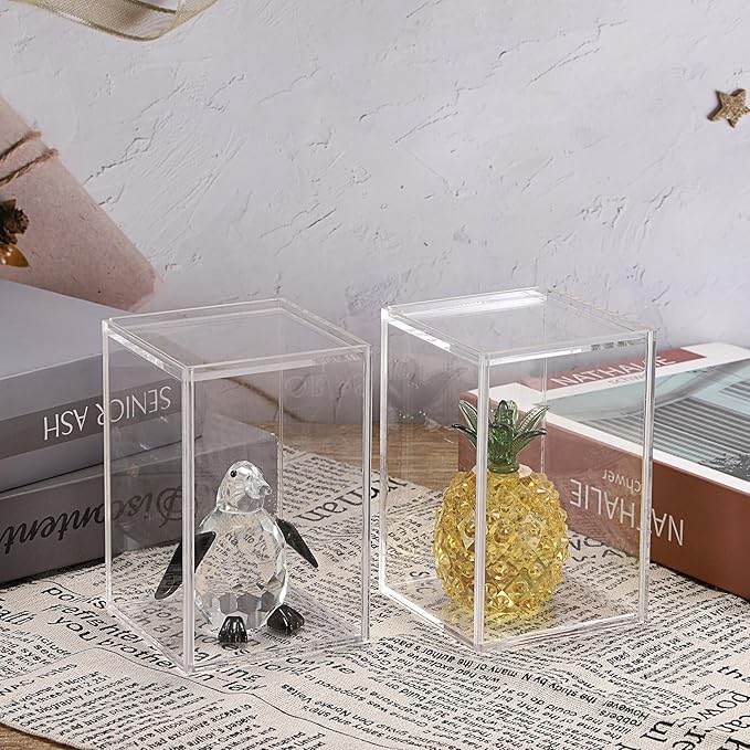 JUXYES 4 Pack Clear Display Case for Mini Action Figures, Acrylic Box with Sliding Door, Stackable Cube Small Showcase, Free Standing Collectibles Protection, 3x3x4.5 Inches