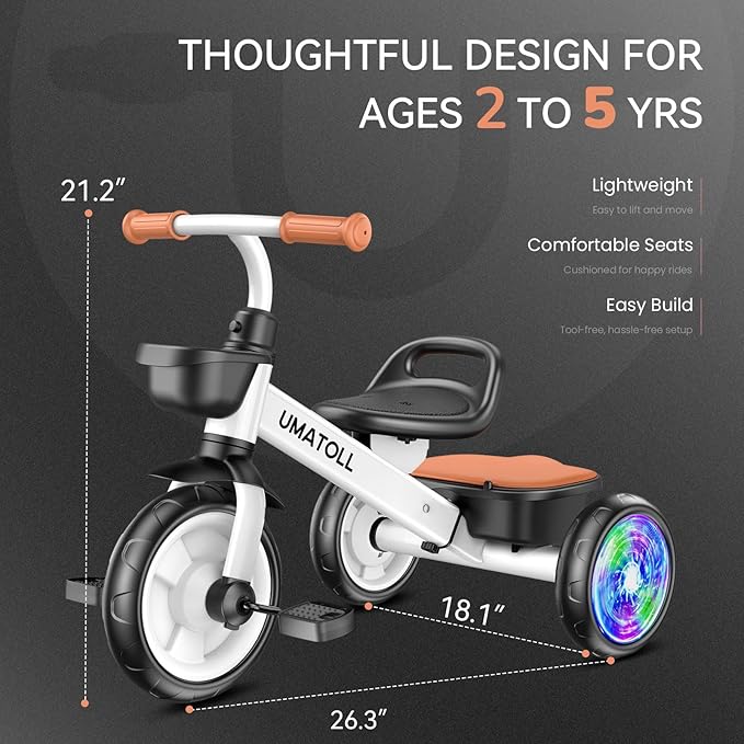Umatoll Tricycle for Toddlers 2-5 Year Old, Ajustable Toddler Bike Outdoor Toys, Birthday Gift for Boy Girl Age 2-4, Trike with Light up Wheels