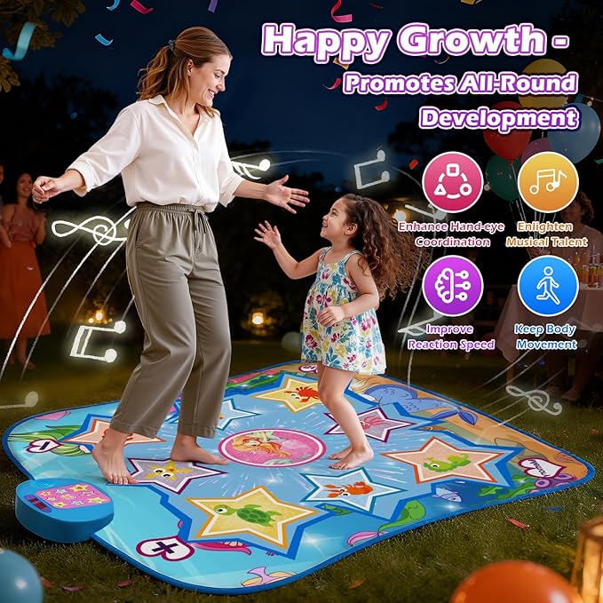 Dance Mat, Ocean-Themed Dance Game Toy Pad with LED Lights, Gift for Kids Girls 3-12, Adjustable Volume, Built-in Music, 5 Challenge Levels, Non-Slip & Foldable Rhythm Step Play Mat