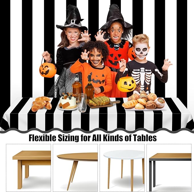 Kochorie 100 Ft x 54 Inch Black & White Striped Tablecloth Roll with Cutter Box Disposable Halloween Plastic Tablecloth Cut to Size Table Cover Backdrop for Halloween Backdrop Stage Party Supplies
