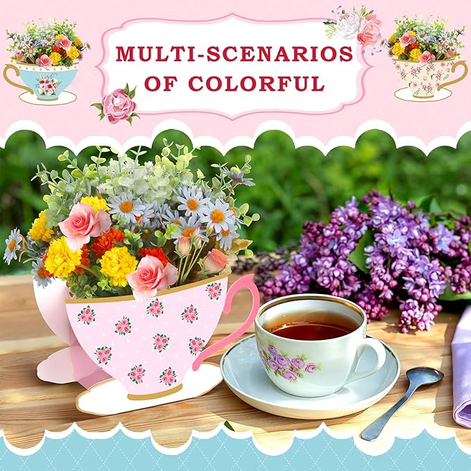 Yinder 6 Pcs Tea Party Decorations Princess Party Flower Boxes Centerpiece Floral Teapot Centerpiece for Floral Tea Themed Birthday Wedding Supplies(Fresh Tea Cup)
