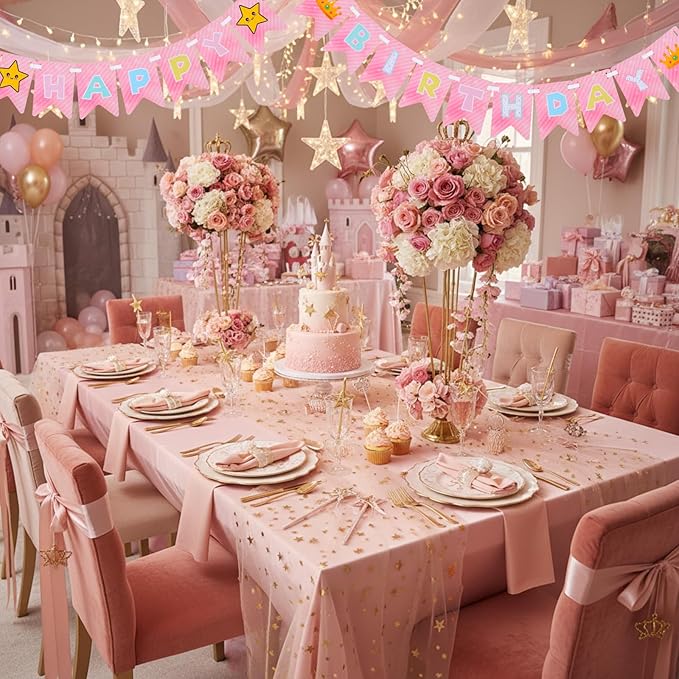 Ctosree Pink Princess Party Supplies 8.2ft Happy Birthday Banner Signs Pink Crown and Star Flag Hanging Bunting Banner Flag for Valentine's Galentine's Photo Props Birthday Party Decoration