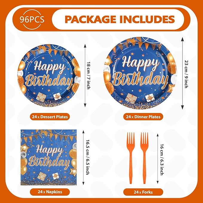 96 Pcs Happy Birthday Party Decorations Blue and Orange Plates and Napkins Disposable Navy Blue Orange Tableware Set for Boys Girls Men Women Birthday Anniversary Party Supplies Serves 24