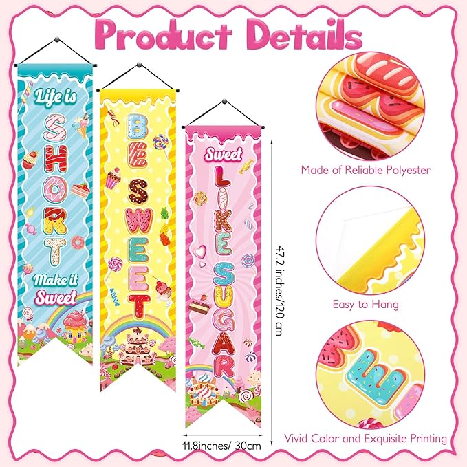 3 Pcs Candyland Party Decorations Sweet Candy Banners Donut Lollipop Porch Sign Candy Land Hanging Flags Photo Props Backdrop Supplies for Outdoor Door Wall Yard Birthday Baby Shower