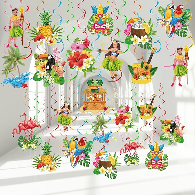 Outus 30 Pieces Hawaiian Luau Birthday Party Hanging Swirl Decorations, Flower Tropical Palm Flamingo Sign Foil Ceiling Decor for Floral Tropical Party Summer Beach Pool Tiki Supplies(Bird)