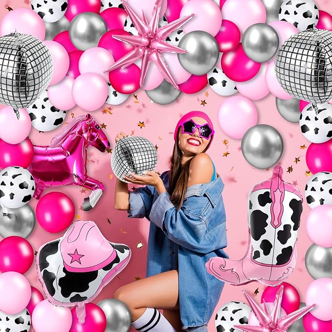 Hungdao 23 Pcs Cowgirl Theme Party Balloons Set Cow Print Cowgirl Hat Boot Pink Silver Star Balloons Ribbon for Western Theme Decorations Retro Horse Rodeo Party Supplies (Horse)