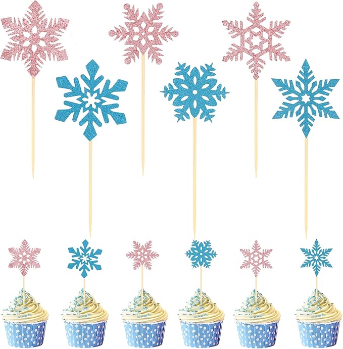 Snowflake Cupcake Toppers, 24 PCS Glitter Winter Frozen Cupcake Picks Cake Decorations, Blue and Pink Snowflake Food Picks Toppers for Christmas Winter Wonderland Baby Shower Party Decoration Supplies
