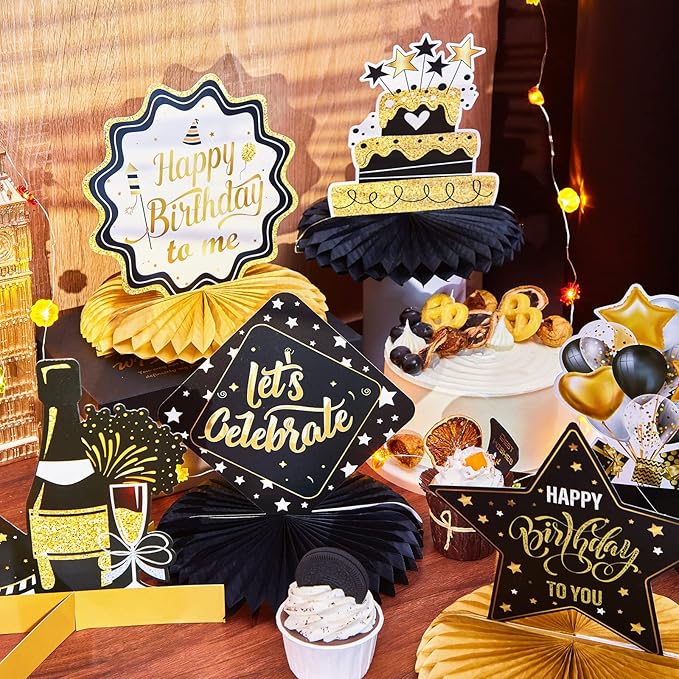 Clabby 12 Pcs Gold Black Birthday Decorations Gold Happy Birthday Table Centerpieces Honeycomb Cute Table Top for Women Men Best Wishes Anniversary Party Supplies 21st 30th 40th 50th 60th 70th