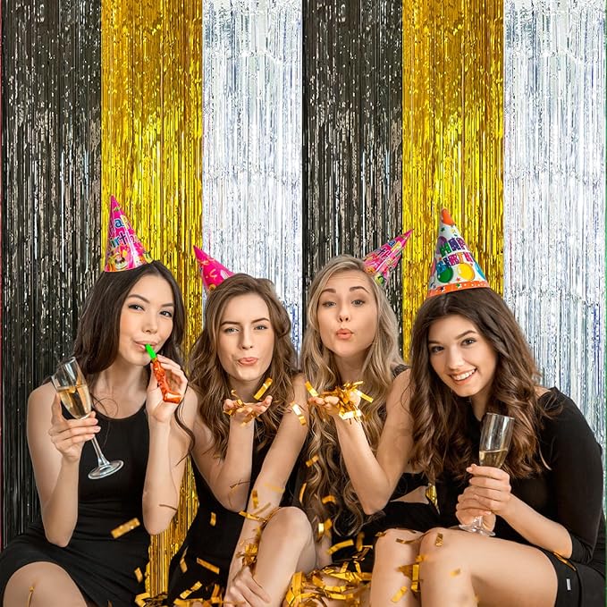 2 Pack Construction Foil Fringe Curtains, 3.3x6.6 Ft Black Gold and Silver Tinsel Backdrop Party Decorations Door Streamers for Birthday Wedding Engagement Decor,Photo Booth Props