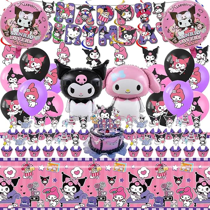 AVONO Kuromi Birthday Party Supplies, Party Decorations Set Include Banner, Balloons, Hanging Swirls, Cake Cupcake Toppers, Tablecloth for Girls Kuromi Theme Party