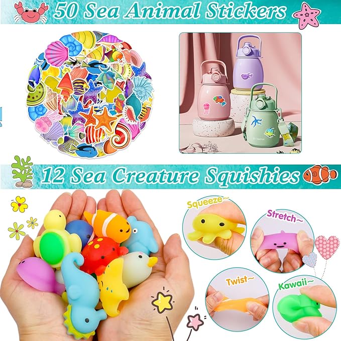 Under Sea Party Favors, 134 Pcs Ocean Birthday Party Supplies - Ocean Sea Animal Toys, Scratch Art Set, Grow In Water Animals for Under Sea Party Decorations, Goodie Bag Stuffers