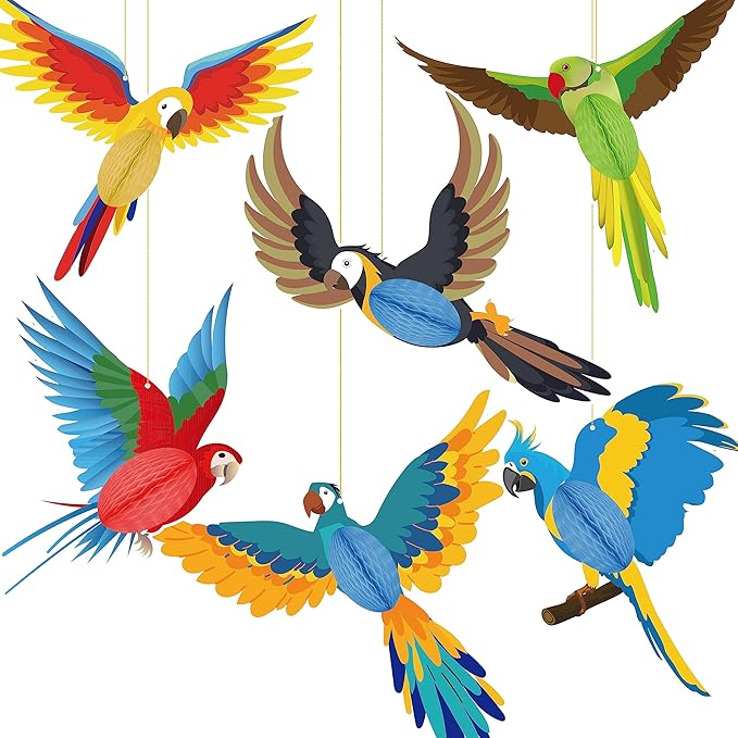 6 Pieces Tropical Birds Honeycomb Paper Cutouts Hanging Parrot Hawaiian Luau Tropical Party Decorations for Summer Beach Jungle Safari Rainforest Theme Birthday Party Home Classroom Decor Supplies