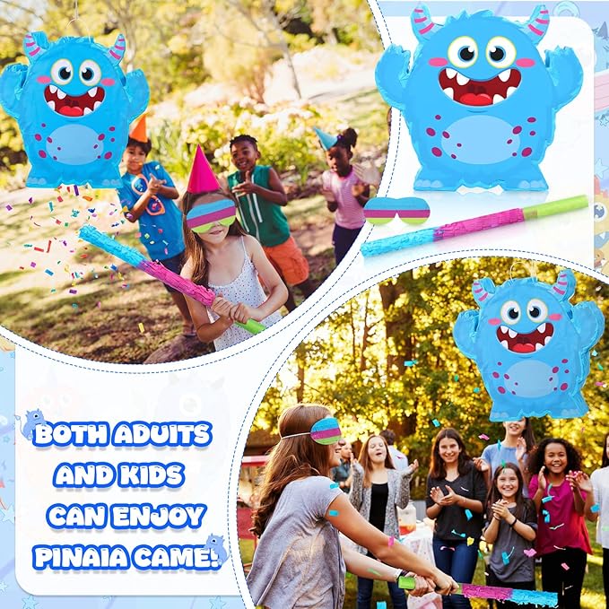 Little Monster Themed Piñata Birthday Party Decorations Cartoon Piñata with Stick Blindfold for Valentine Day Wedding Baby Shower Anniversary Party Decorations Centerpiece Photo Prop