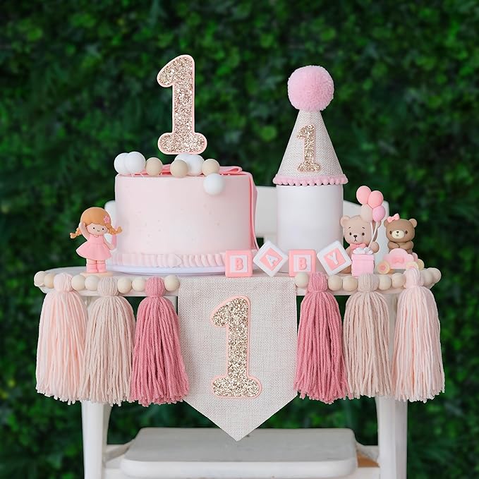 Pink Baby Girl 1st Highchair Banner Wood Bead Tassel Garland Conical Cap Bling Cake Topper Birthday Party Decorations