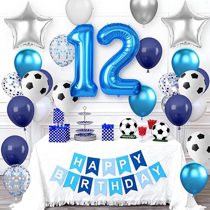 12th Soccer Birthday Party Decoration for Boys, 12th Soccer Party Decoration with Blue White Silver Balloons 'HAPPY BIRTHDAY' Banner 32in Foil 12 Balloon for Boy Kids Baby Shower Decor