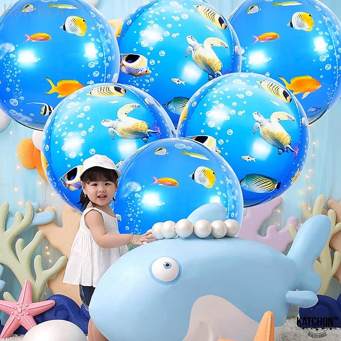 KatchOn, Sea Turtle Balloons for Birthday - Big 22 Inch, Pack Of 6 | Round 4D Under The Sea Balloons for Ocean Theme Party Decorations | Ocean Balloon for Turtle Birthday Decorations,Baby Shower Decor