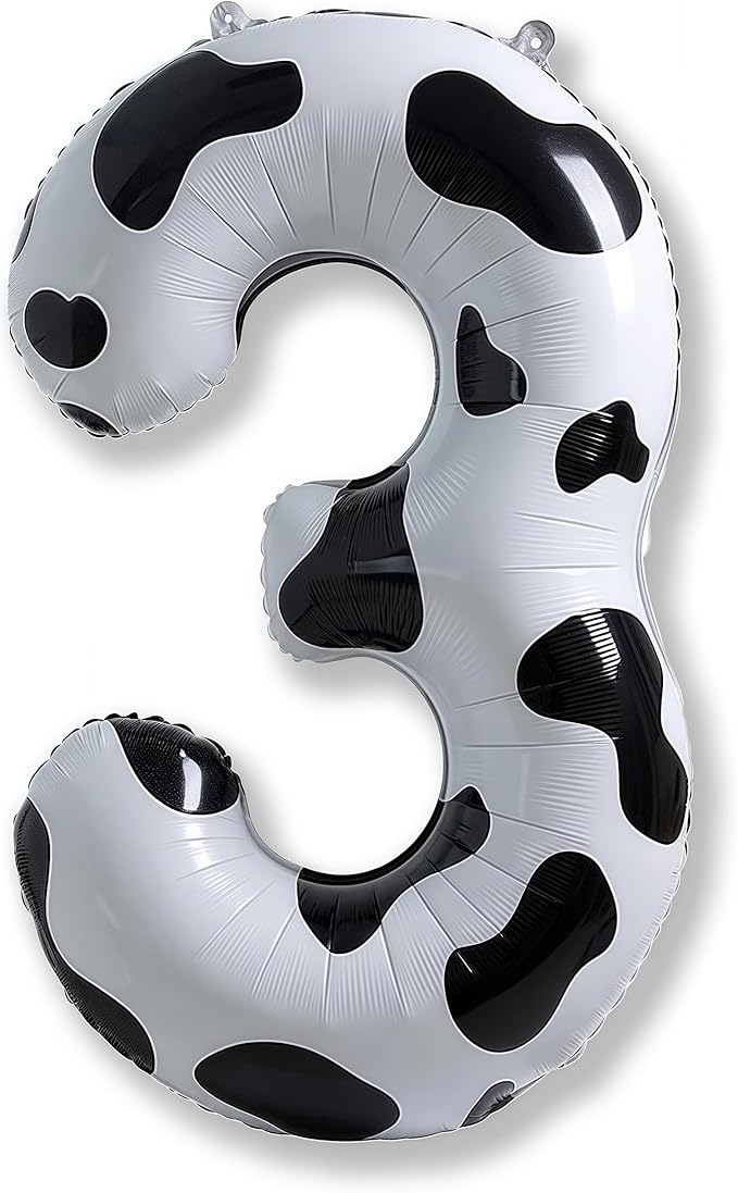 Large Number Balloons 40 Inch, Cow Print Self Inflating 3 Balloons for Boys Girls Cowboy Cowgirl Theme Party Decor Baby Shower 3rd Birthday Party Decoration Farm Animal Theme Party Supplies