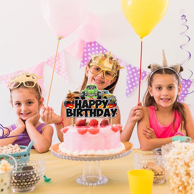 Monster Truk Happy Birthday Cake Topper- with Bold Off Road Truck Design, Colorful Racing Vehicle Theme Cake Decoration for Birthday Party Table Display, Dessert Centerpiece, Photo prop.