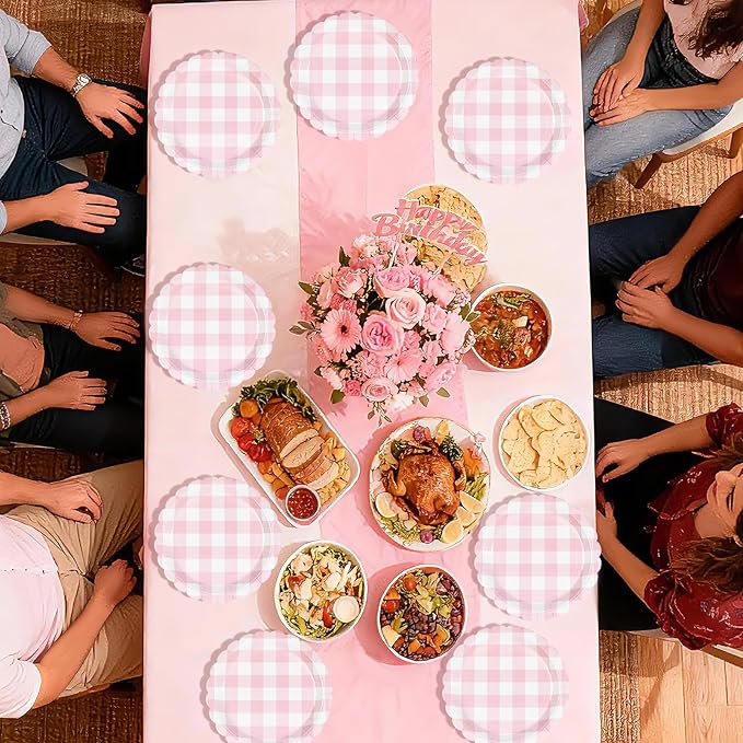 50Pcs Pink Gingham Paper Plates 9Inch Heavy Duty Pink White Scalloped Plaid Disposable Dessert Plates Checkered Party Decorations for Kids Baby Shower BBQ Birthday Bride Wedding Party Supplies