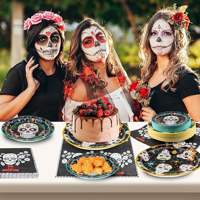180Pcs Day of the Dead Party Supplies Paper Plates and Napkins Serve 60 Disposable Tableware Set for Birthday Party Decorations Game Day Family Holiday Sports Events