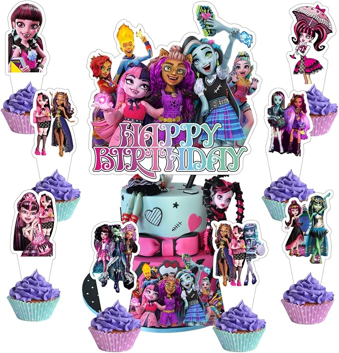 25pcs Monster Cake Decorations with 1pcs Cake Topper, 24pcs Cupcake Toppers for High Birthday Party Supplies