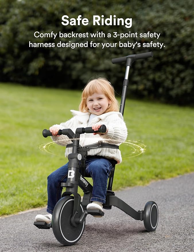 besrey 4 in 1 Toddler Bike, Toddler Tricycle for 1-3 Year Old, Trike with Push Handle, Backrest and Safety Belt, Birthday Gifts and Toys for Boys and Girls, Balance Bike (Black)