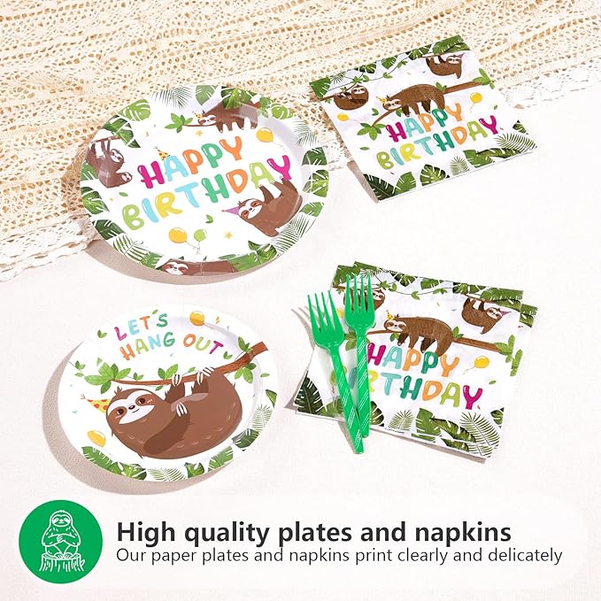 96Pcs Sloth Birthday Party Supplies Hanging Sloth Plates and Napkins Jungle Cute Animal Theme Tableware Set for Kids Girls Boys Animal Theme Birthday Party Supplies，Serves 24