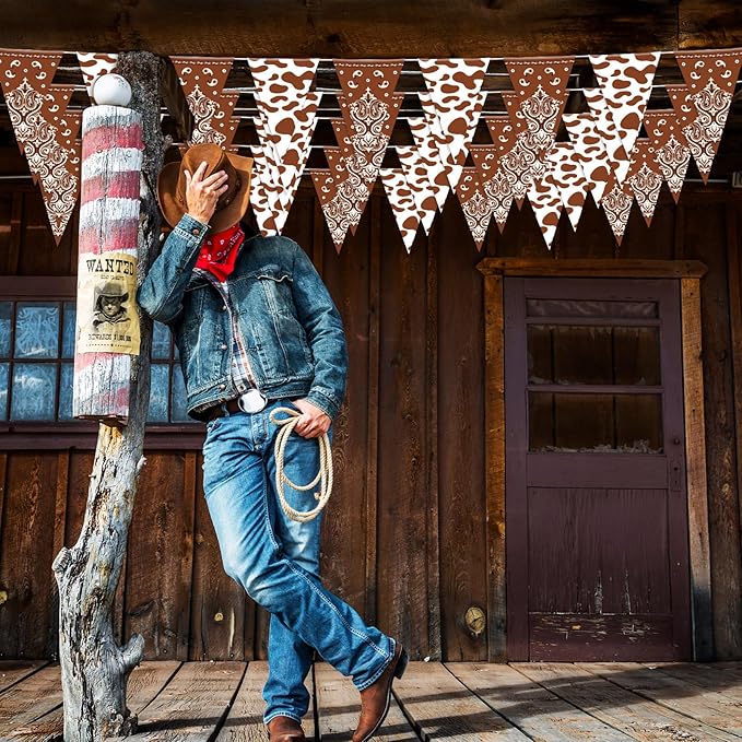 Boao 5 Pcs Cow Print Pennant Banners, Cow Print Pennant Banner Birthday Party Supplies for Western Cowboy Theme Decoration Baby Shower Animal Theme Party Holiday Decor, 7.4 x 10.8 Inch (Cowboy)