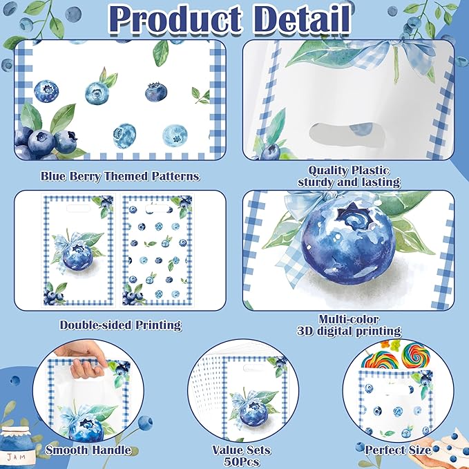 Blueberry Party Favor Bags - 50Pcs Summer Blue Berry Patterns Goody Candy Treat Bags, Sweet Fruit Themed Party Decorations for Kids Adults Birthday Baby Shower Picnic Tea Events Supplies