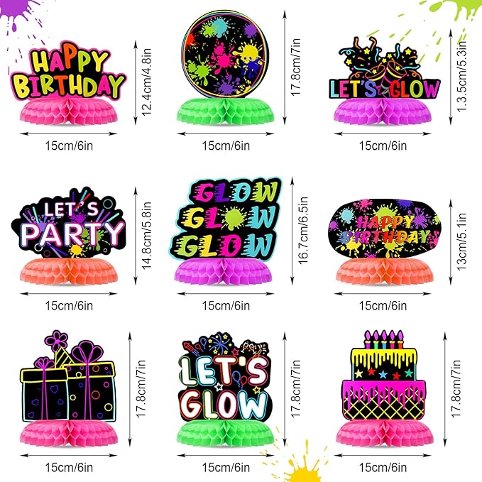 9 Pcs Real Glow in Dark Party Supplies, Glow Under UV Black Light Reflective Ink Printing Neon Honeycomb Birthday Decorations Neon Table Centerpieces Table Party Favor Decorations
