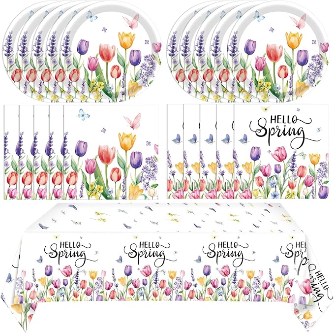 41Pcs Flower Party Decorations Tableware Set, Tulip Spring Floral Paper Plates Napkins and Tablecloth Disposable Party Supplies for Spring Summer Picnic Wedding Tea Party Mother's Day, Serve 24 Guests
