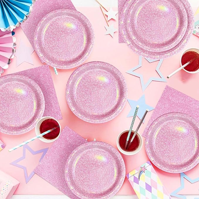 Grencian 96Pcs Pink Pastel Party Supplies Light Pink and White Plates and Napkins Tableware Set Rainbow Birthday Decorations for Girls Women Sprinkle Bride Shower Wedding Anniversary Party Serves 24