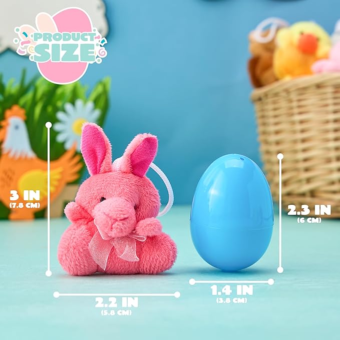 JOYIN 12 Pcs Prefilled Easter Eggs with Plush Toys, Plastic Eggs Filled with Mini Stuffed Plush Toys, Basket Stuffers for Toddlers, Easter Egg Hunt, Party Favors, Classroom Prizes for Kids